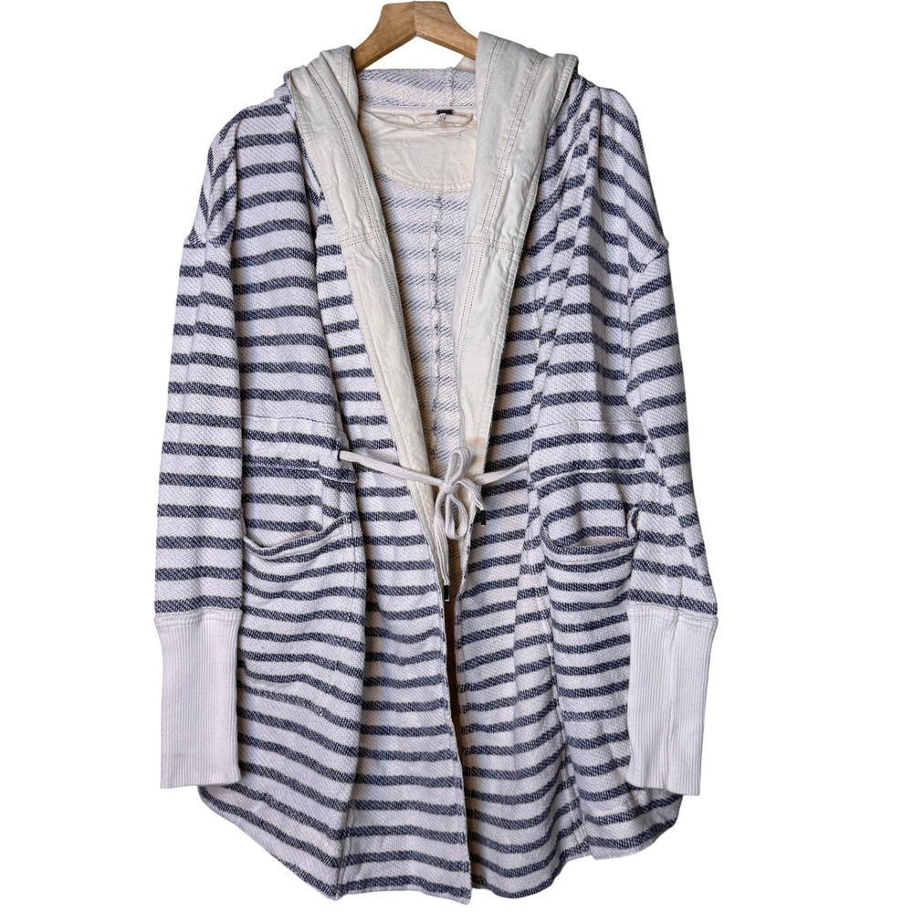 Free People Womens XS Striped Hooded Cardigan Blue Cream Cotton Drawstring Knit